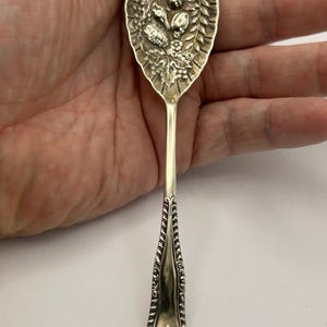 May include: Silver spoon with an ornate design. The spoon's bowl features a detailed relief of fruit and foliage. The handle has a decorative pattern and a small fruit design at the end. A vintage collectible.