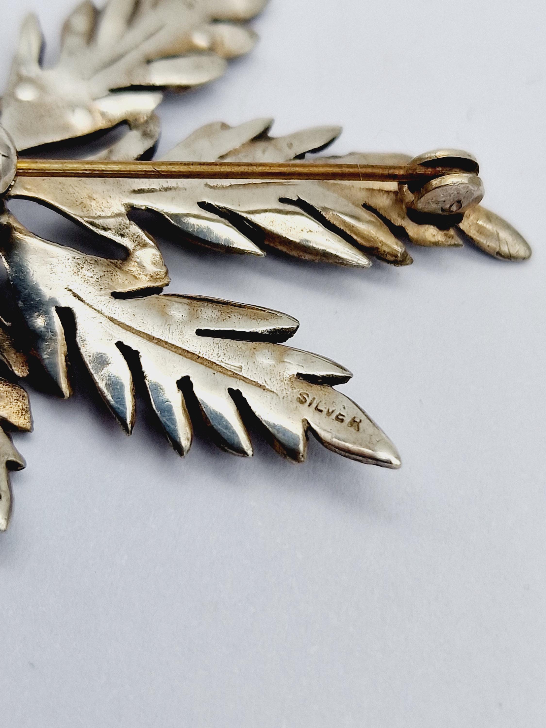 Broche Feuille Ajourée En Argent Massif 925 Avec Marcassites - Occasion (manque 2 Pierres)