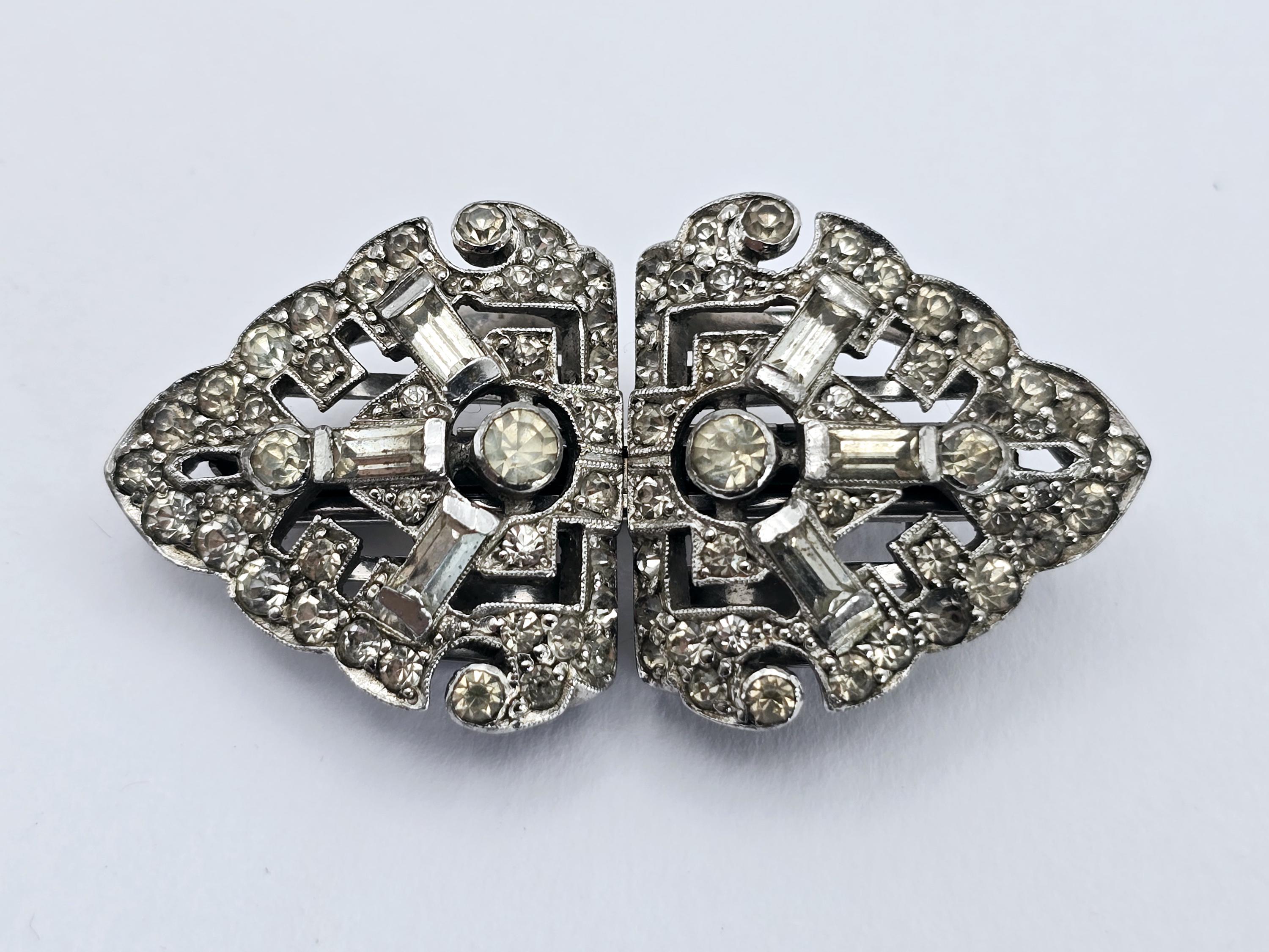 Broche Art Déco Vintage - Clip Cuir Avec Clous Chromés - Argenté - Occasion