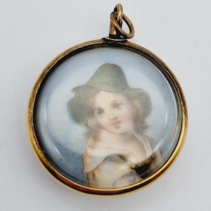Antique Victorian Gold PlatePorcelain Enamelled Miniature Portrait Pendant
