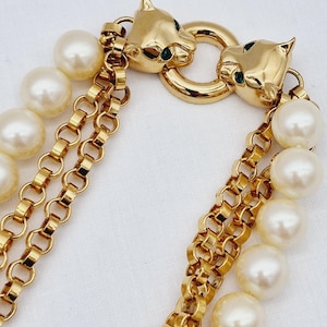 Rare Vintage Givenchy Jaguar Panther 18k Gold Plated Chain and Faux Pearl Statement Necklace Circa 1970s