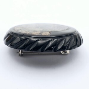 Round Victorian Jet and Fossil Ammonite Mourning Brooch