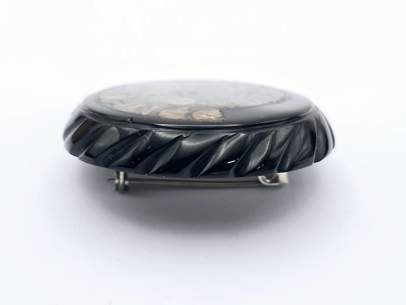 Round Victorian Jet and Fossil Ammonite Mourning Brooch