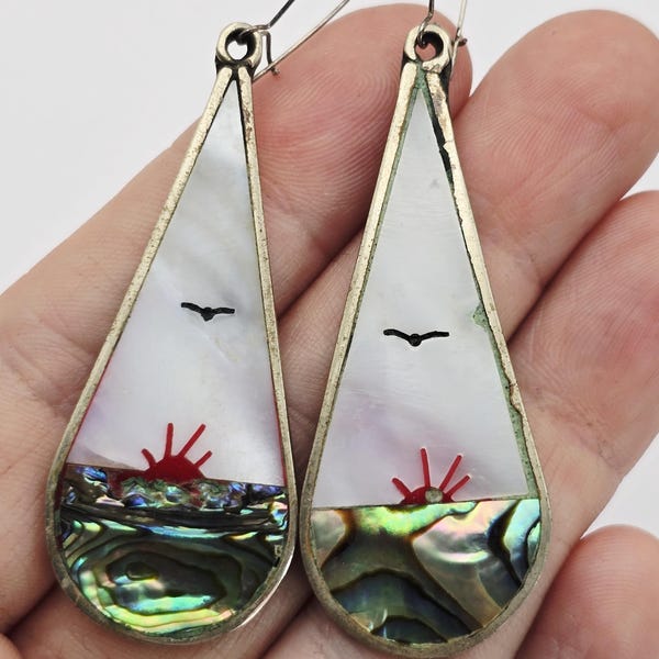 Vintage Sterling Silver Mexican MOP and Abalone Inlay Shell Earrings Sun on Horizon