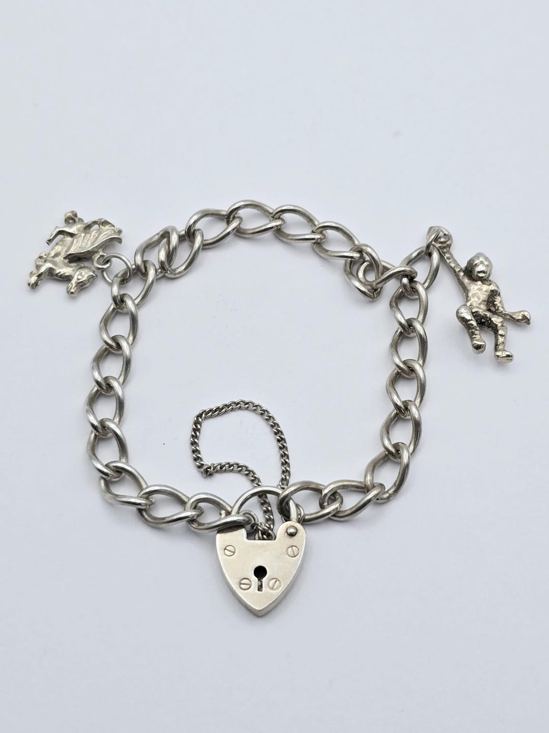 Locket Monkey Vintage Heart Locket Silver Curb Link Charm Bracelet With Monkey and ...