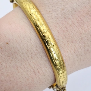 Vintage Gold Plated Engraved Hinged Bangle by T+H