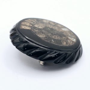 Round Victorian Jet and Fossil Ammonite Mourning Brooch