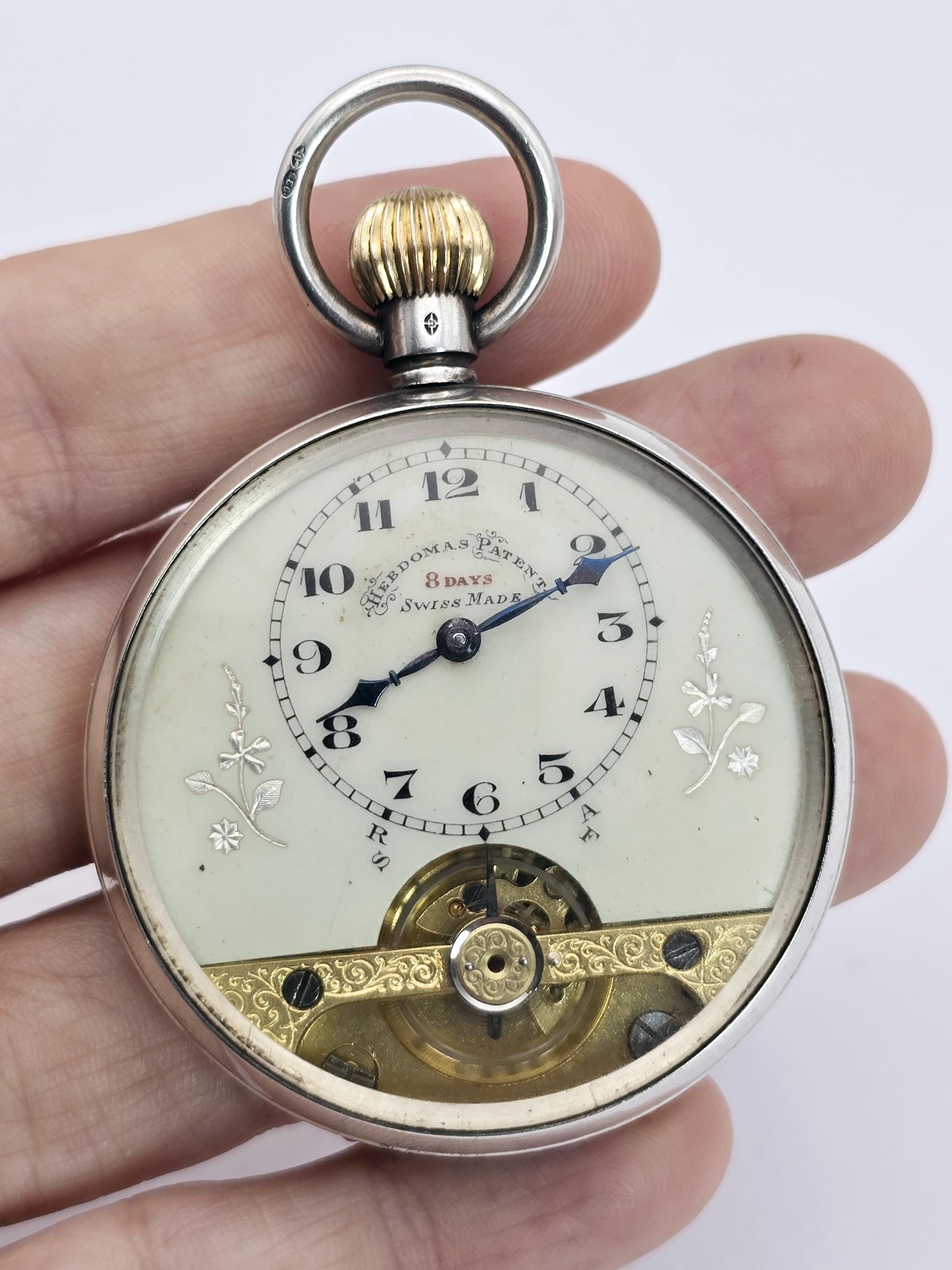 Reloj de bolsillo antiguo de plata Hebdomas de días, c1915