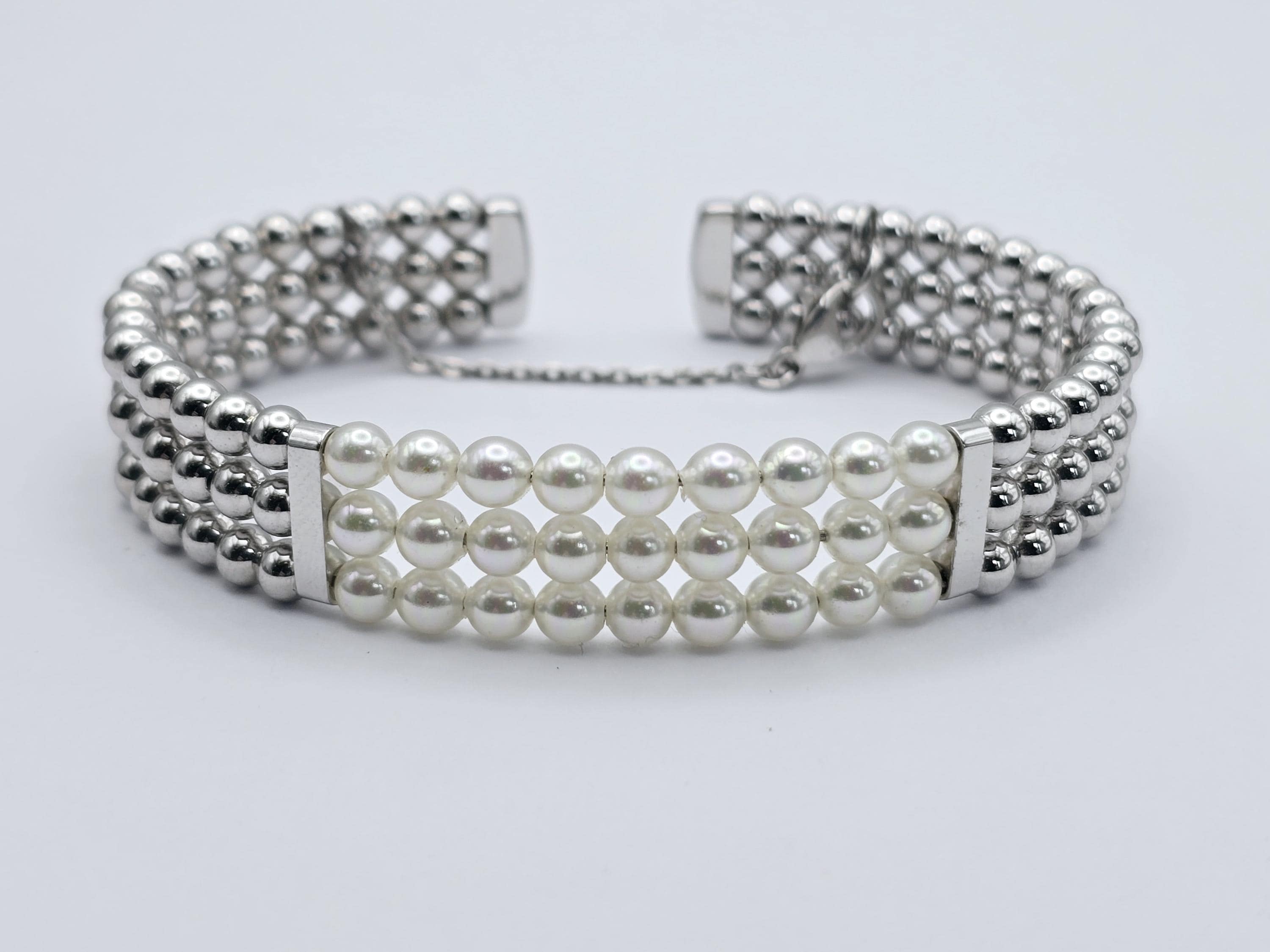 Bracelet Perles De Majorque - Cuir Et Argent Majorica - Taille Ajustable