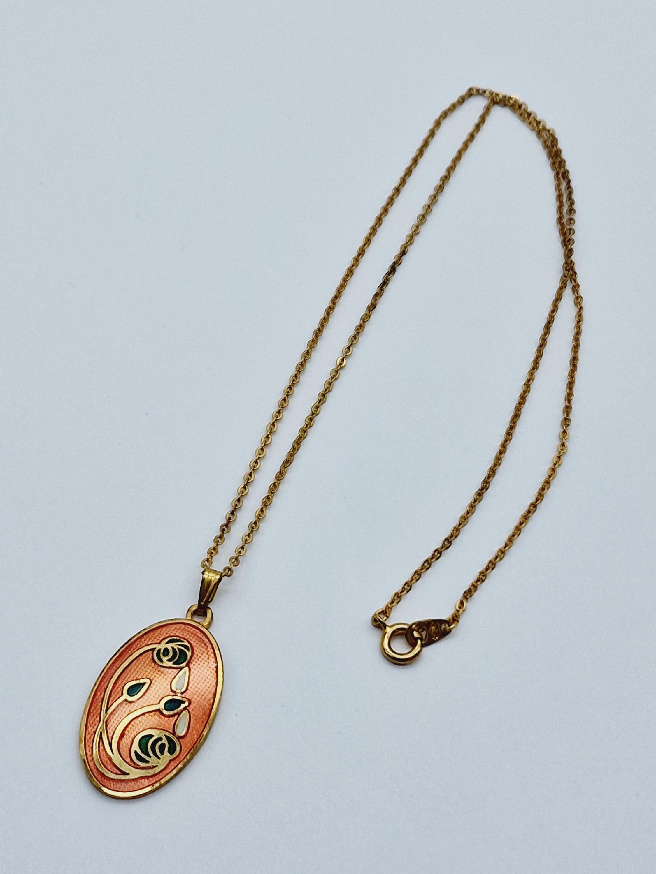 Pendentif Vintage Ovale En émail Cloisonné Couleur Or - Occasion, Bijou Rétro