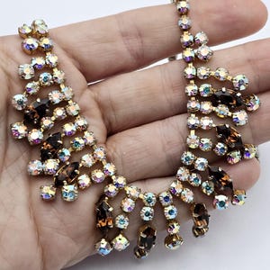 Vintage Pink Aurora Borealis & Brown Crystal Rhinestone Necklace