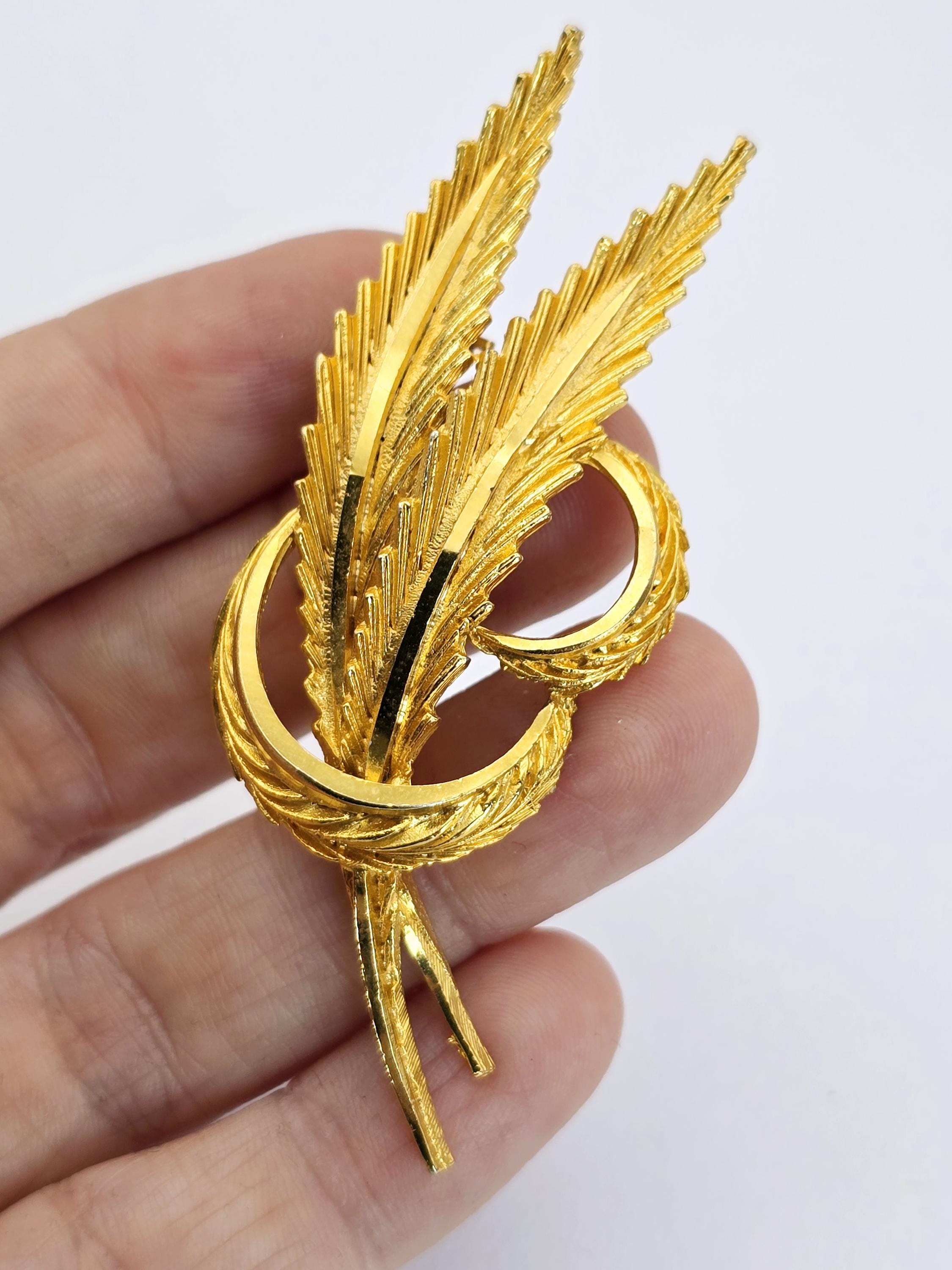 Grande Broche Décorative Plume – Doré Et Argenté – Bijou Vintage – Occasion