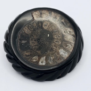Round Victorian Jet and Fossil Ammonite Mourning Brooch