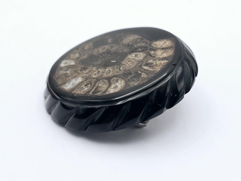 Round Victorian Jet and Fossil Ammonite Mourning Brooch