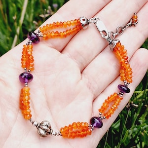 Vintage Silver Sterling 925 Faceted Carnelian and Amethyst Beaded Bracelet