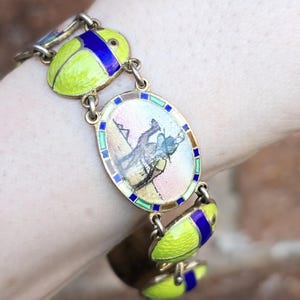 Art Deco Egyptian Gilded Silver Revival Enamel Panel Bracelet Scarab Beetle Dated 1930 - 31
