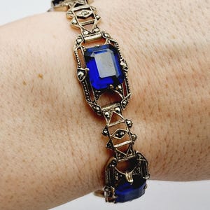 Beautiful Vintage Art Deco Style Silver Marcasite and Sapphire Blue Paste Stone Bracelet