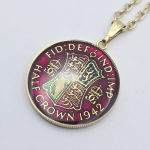 Vintage 1942 Enamelled Half Crown Coin Pendant and Chain