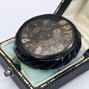 Round Victorian Jet and Fossil Ammonite Mourning Brooch