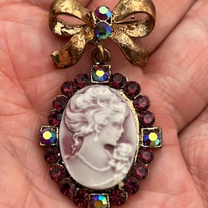 Vintage 1970s Goldtone Resin Cameo Booch Encrusted With Rhinestones