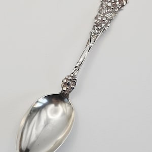 Puede incluir: Una cuchara de plata con un diseño floral ornamentado en el mango. El cuenco de la cuchara es ovalado y muy pulido, reflejando la luz. El mango presenta un detallado trabajo en relieve de flores y hojas.
