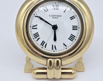 Vintage Quartz Cartier Colisee Art Deco Travel Desk Alarm Clock Gold Plated Circa 1990s