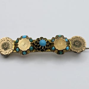 Antique Edwardian Turquoise Gold Filled Floral Etched Bar Brooch