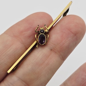 Broche antiguo eduardiano de metal amarillo con tono dorado y pasta púrpura en forma de insecto.
