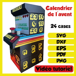 Könnte beinhalten: Ein schwarzer und roter Adventskalender im Arcade-Stil mit dem Wort "ARCADE" oben. Er verfügt über 24 nummerierte Kästchen, Knöpfe und den Text "1 PLAYER 2 PLAYERS". Der Text "Calendrier de l'avent" und "24 cases" ist ebenfalls vorhanden.