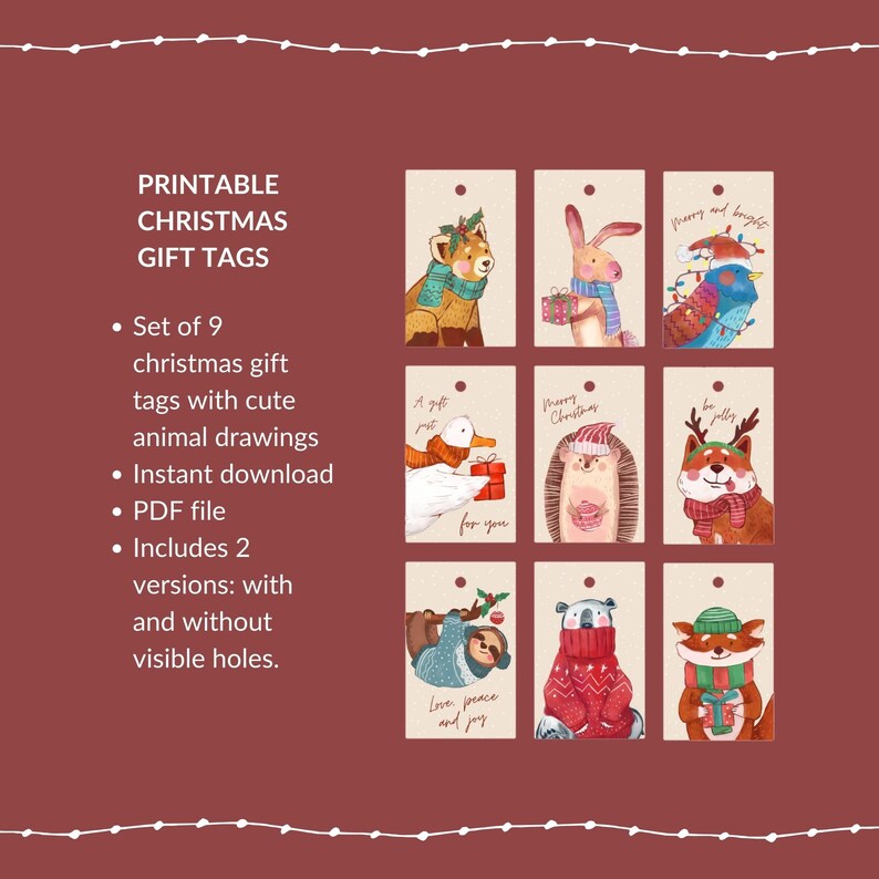 Printable Christmas Gift Tags, Cute Animals. Set of Funny Rectangular