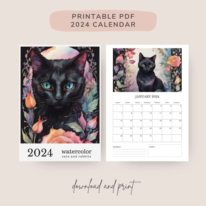 Cats and Rabbits Printable 2024 Calendar PDF Vertical Wall Etsy