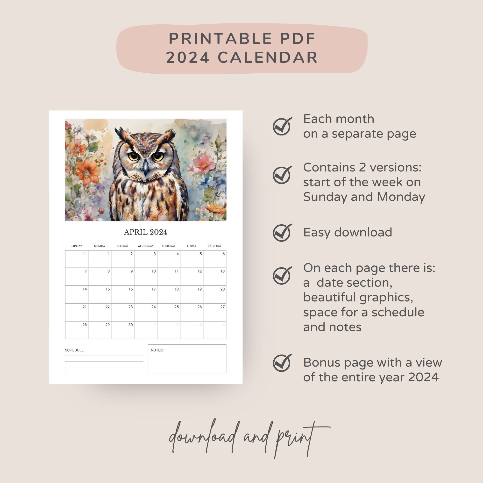 Nature Digital Art Printable 2024 Calendar PDF Vertical Wall - Etsy
