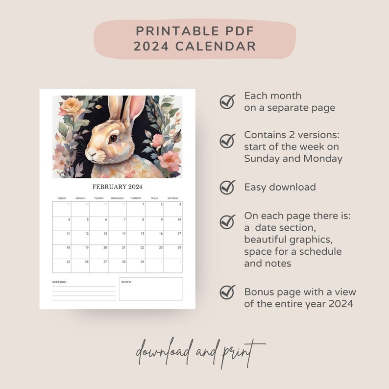 Cats and Rabbits Printable 2024 Calendar PDF Vertical Wall Etsy