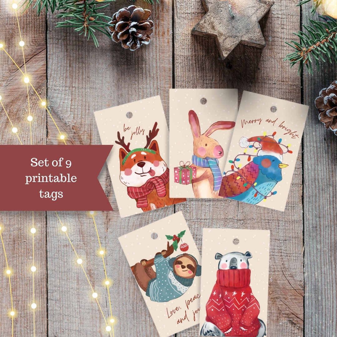 Printable Christmas Gift Tags, Cute Animals. Set of Funny Rectangular