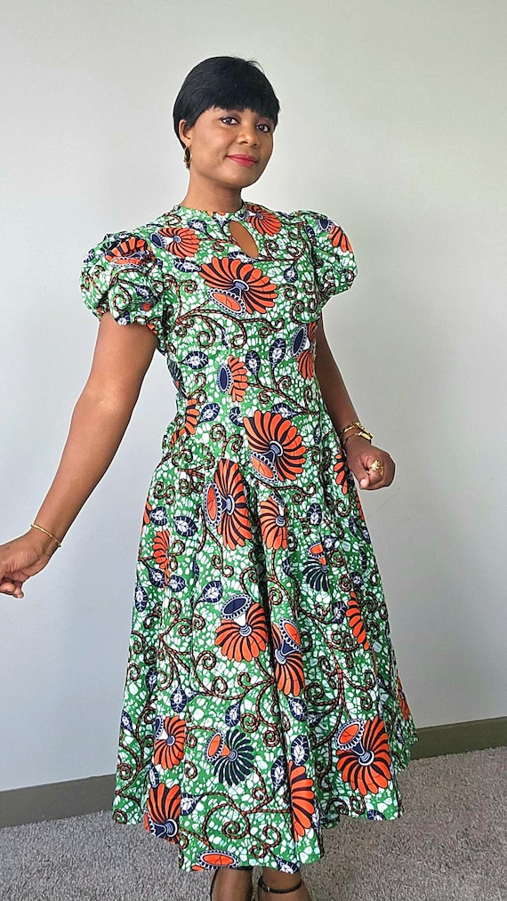 African green midi dress | Ankara green midi dress | (soft breathable  fabric)