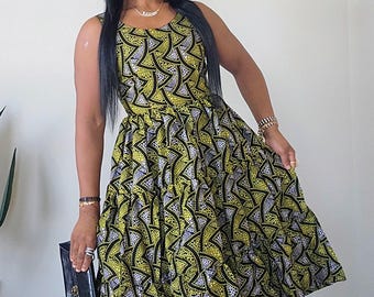 Żółta sukienka z afrykańskim nadrukiem | Żółta sukienka Ankara | Sukienka plus size z afrykańskim nadrukiem | Sukienka plus size Ankara
