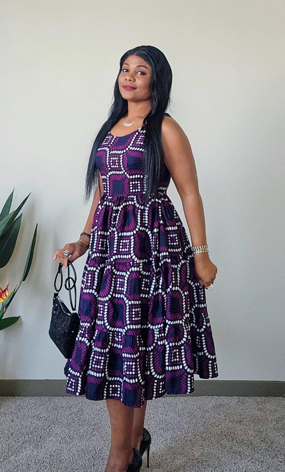 Ankara Purple Dress | African Print Midi Dress | Ankara Plus Size Dress | African Print Plus Size Dress