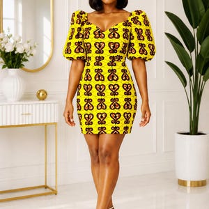 African Print Short Dress: Ankara Yellow Mini Dress, Balloon Sleeves