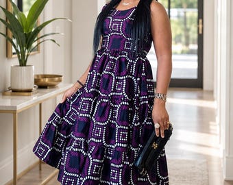 Ankara lila klänning | Afrikanskt mönstrad midiklänning | Ankara plus size-klänning | Afrikanskt mönstrad plus size-klänning