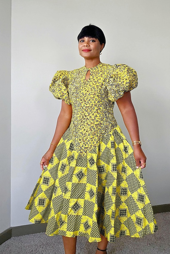 african print midi dress Blue Ankara Dress with Head Wrap, African Print Midi Dress