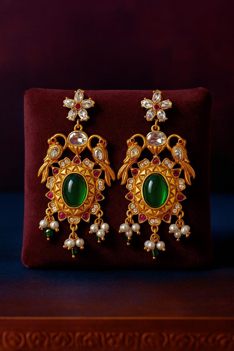 May include: A pair of gold-toned earrings with an oval green gemstone center. The earrings feature bird and floral designs, accented with red and clear gemstones, and dangling pearl clusters. The earrings are displayed on a maroon surface.
