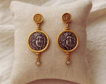 Vintage Gold Coin Dangle Earrings, Retro Designer Jewelry