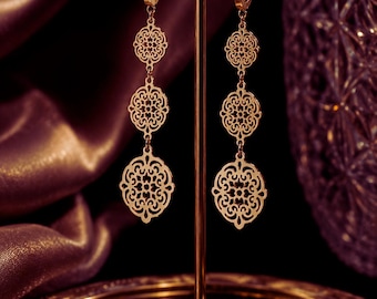 Gold filigrane Ohrringe, Boho Blumen marokkanischen Statement Schmuck