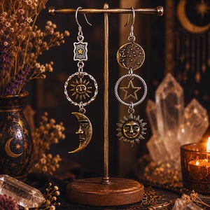 Kolczyki Celestial Moon Sun Star, asymetryczna biżuteria vintage boho czarownica