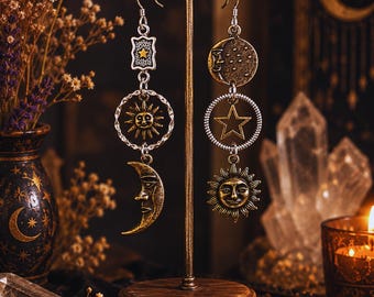 Celestial Moon Sun Star Earrings, Asymmetrical Vintage Boho Witchy Jewelry