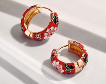 Colorful Floral Enamel Huggie Earrings – Vintage Boho Statement Hoops