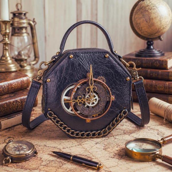 Steampunk Clock Leather Handbag, Gothic Gear Shoulder Purse, Vintage Messenger Bag