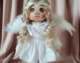 Textile doll Handmade angel Face painted with acrylic paints Art doll 29 cm Doll with long hair Removable clothes Interesting gift Handmade