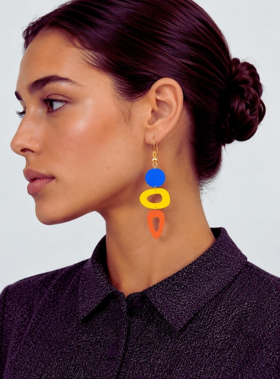 Color Block Geometric Acrylic Earrings, Modern Abstract Boho Vacation Jewelry