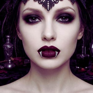 May include: A close-up portrait of a person with dramatic, dark purple eye makeup and deep burgundy lipstick. Silver vampire fangs are visible. A black lace headpiece adorns the forehead. The background is dark with antique bottles and a mirror.